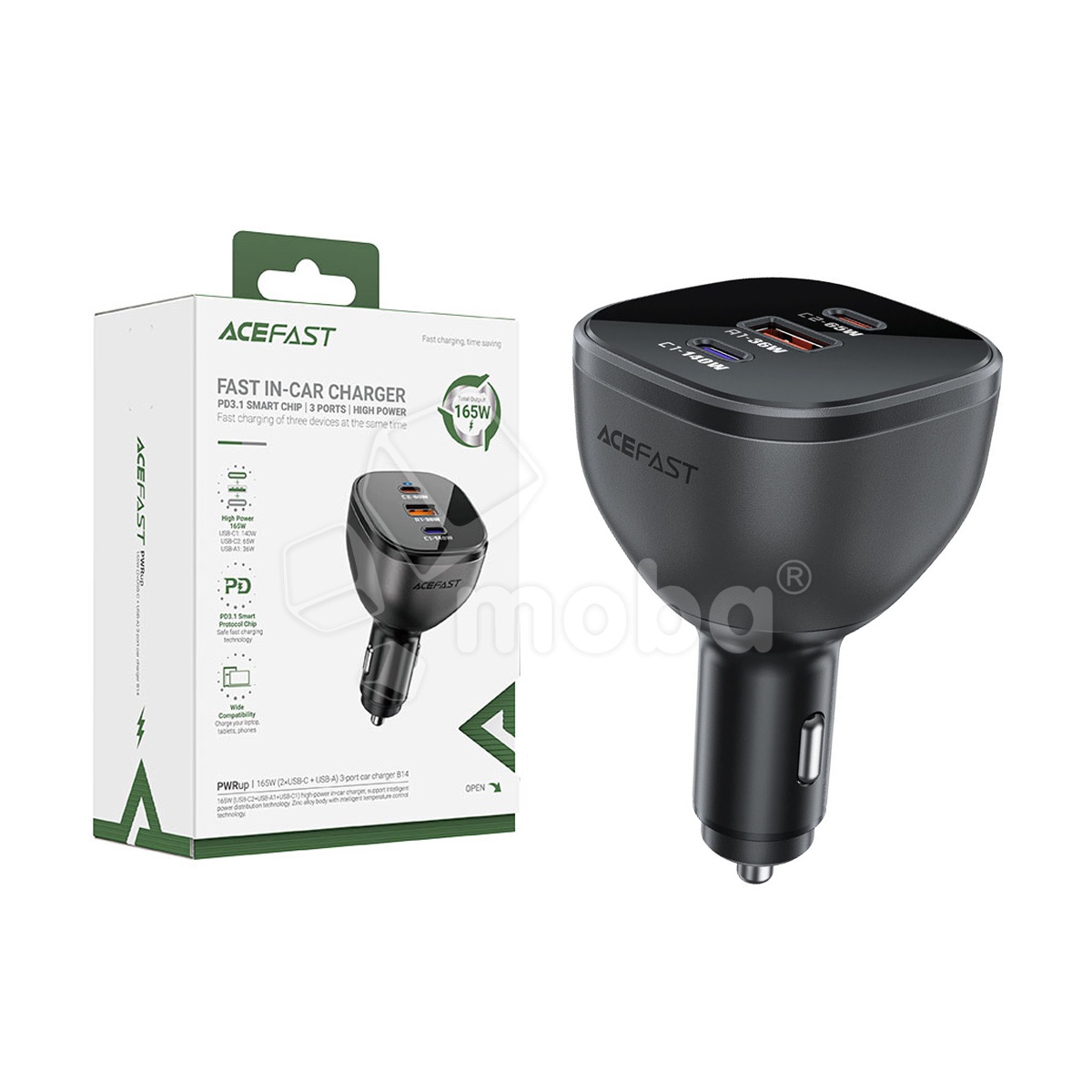 Автомобильное зарядное устройство USB/Type-C Acefast B14 (165W, QC3.0, PD, 2Type-C, 1USB) Черный