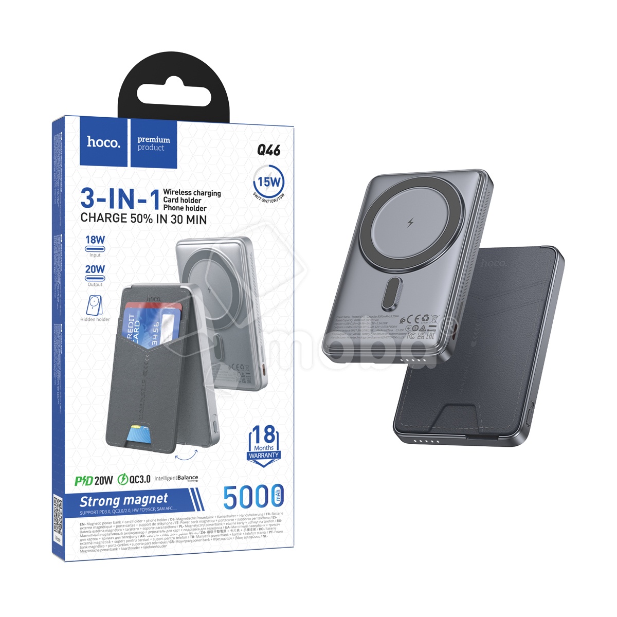Внешний аккумулятор (Power Bank) Hoco Q46 5000mAh (20W, PD, USB-C, MagSafe 15W, держатель для карт и смартфона) Серый