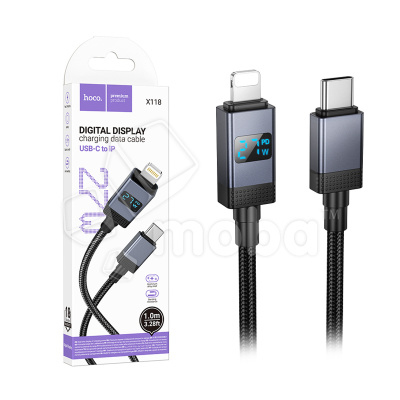 Кабель Type-C - Lightning Hoco X118 (3A, 27W, PD, оплетка нейлон, с дисплеем) Черный