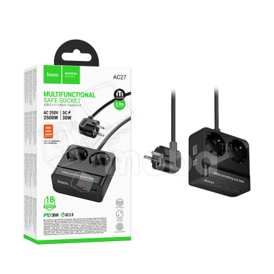 Сетевой фильтр с портами Hoco AC27 (2500W, QС3.0, PD, 2 розетки + 1 порт USB, 2 порта Type-C, 2 м) Черный