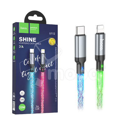 Кабель Type-C - Lightning Hoco U112 (3A, 20W, PD, прозрачный, светодиодный) Серый