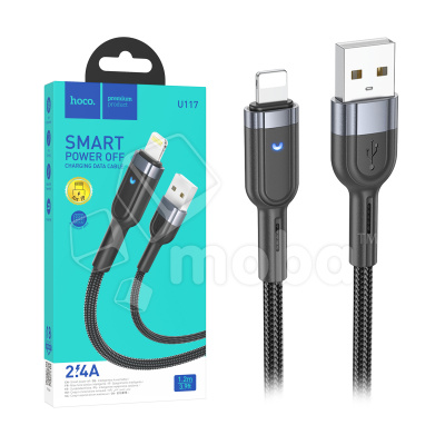 Кабель USB - Lightning Hoco U117 (2.4A, с функцией интеллектуального отключения, индикатор, оплетка ткань, 1.2 м) Черный