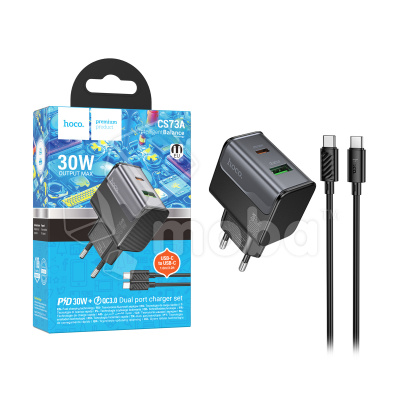 Сетевое зарядное устройство USB/Type-C Hoco CS73A (30W, QC3.0, PD, 2 порта, кабель Type-C-Type-C) Черный